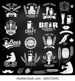 Set of Craft Beer badges with with design elements on the chalkboard. Vector illustration. Vintage design for bar, pub and restaurant business. Coaster for beer.