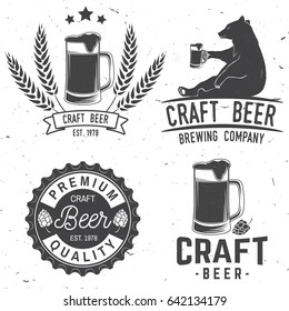 Set Of Craft Beer Badges With Hops And Bear. Vector Illustration. Vintage Design For Bar, Pub And Restaurant Business. Coaster For Beer.