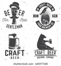 Set of Craft Beer badges with hops and bear. Vector illustration. Vintage design for bar, pub and restaurant business. Coaster for beer.