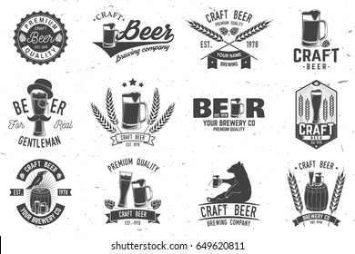 Set of Craft Beer badges with hops, raven and bear. Vector illustration. Vintage design for bar, pub and restaurant business. Coaster for beer. Craft beer badges in vintage style. Oktoberfest Overlay