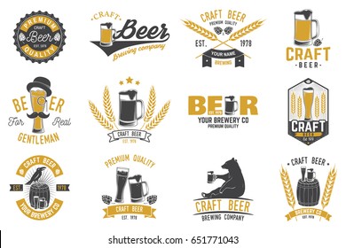 Set of Craft Beer badges with hops, raven and bear. Vector illustration. Vintage design for bar, pub and restaurant business. Coaster for beer. Craft beer badges in vintage style. Oktoberfest Overlay