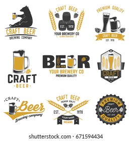 Set of Craft Beer badges with hops, raven and bear. Vector illustration. Vintage design for bar, pub and restaurant business. Coaster for beer.