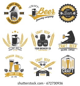 Set Of Craft Beer Badges With Hops, Raven And Bear. Vector Illustration. Vintage Design For Bar, Pub And Restaurant Business. Coaster For Beer. Oktoberfest Overlay