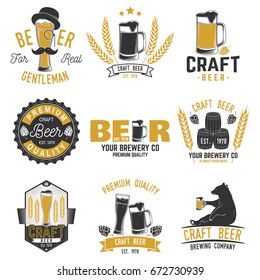 Set of Craft Beer badges with hops, raven and bear. Vector illustration. Vintage design for bar, pub and restaurant business. Coaster for beer.