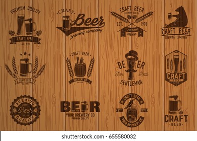 Set of Craft Beer badges. Vector illustration. Vintage design for bar, pub and restaurant business. Photorealistic wood engraved craft beer design.