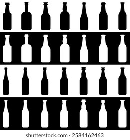 Set of Craft beer bottles silhouettes. Various craft beer bottles. Different shapes and sizes. Vector illustration isolated on black and white background.