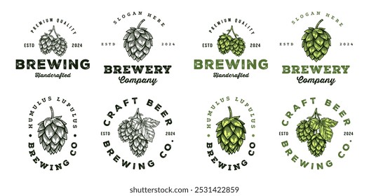 Conjunto de logotipo de cervecería de cerveza artesanal, Colección de diseño de emblema de insignia de cono de Antiguas Hop