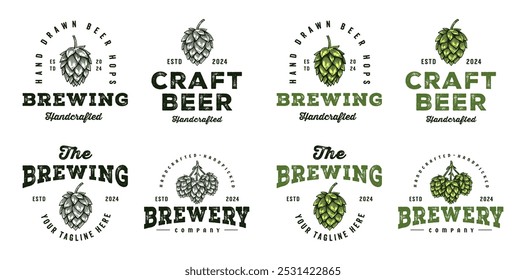 Conjunto de logotipo de cervecería de cerveza artesanal, Colección de diseño de emblema de insignia de cono de Antiguas Hop