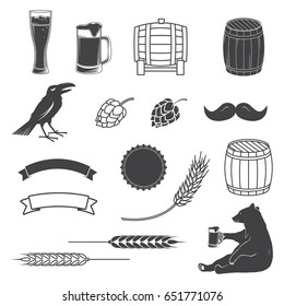 Set of Craft Beer elements isolated on the white background. Vector illustration. Set include hops, bear, beer glasses, barrels and ears of grain.