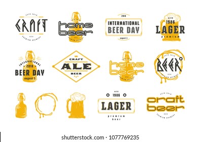 Set of craft beer label and logo. Graphic design with illustration in linocut style. Color print on white background