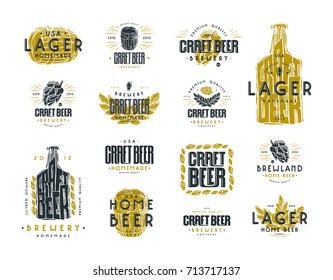 Set of craft beer label and logo. Graphic design with illustration in linocut style