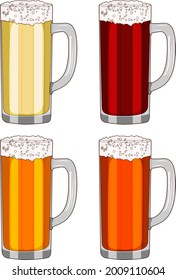 Set with craft beer in mug glasses for banners, flyers, posters, cards. Light and dark beer, ale, and lager. International Beer Day. Cartoon style. Vector illustration isolated on white background