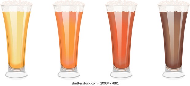 Set with craft beer in pilsner glasses for banners, flyers, posters, cards. Light and dark beer, ale, and lager. International Beer Day. Beer day. Vector illustration isolated on white background