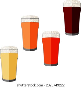 Set with craft beer in pint nonic for banners, flyers, posters, cards. Light and dark beer, ale, and lager. Beer Day. October fest. Flat style. Vector illustration isolated on white background