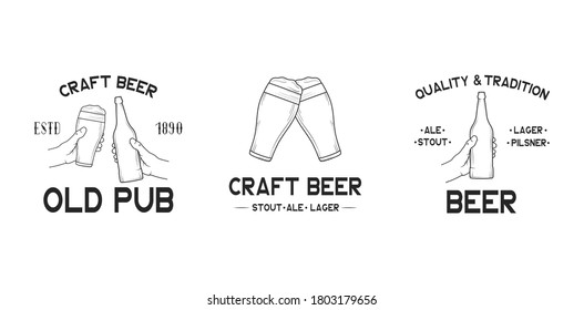 Set of craft beer pub labels, emblems and badges for bar, restaurant menu. Vector illustration with vintage brand design.
