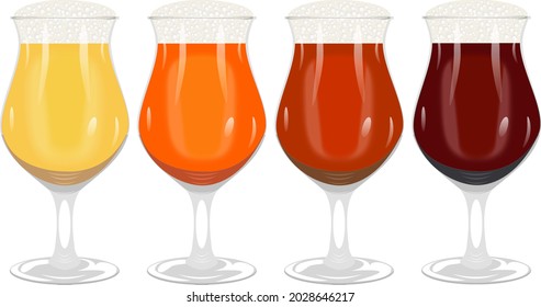 Set with craft beer. Tulip beer glass for banners, flyers, posters, cards. Light and dark beer, ale, and lager. Beer Day. October fest. Vector illustration isolated on white background