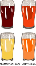 Se coloca con cerveza artesanal en pinturas de tulipán para carteles, volantes, afiches, tarjetas. Cerveza clara y oscura, ale y lager. Día de la cerveza. Festival de octubre. Estilo de caricatura. Ilustración vectorial aislada en fondo blanco.
