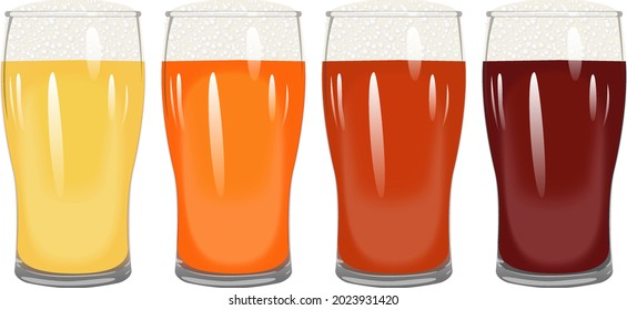 Set with craft beer in tulip pints for banners, flyers, posters, cards. Light and dark beer, ale, and lager. Beer Day. October fest. Vector illustration isolated on white background.