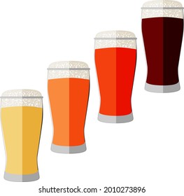 Set with craft beer in Weizen glass for banners, flyers, posters, cards. Light and dark beer, ale, and lager. International Beer Day. Flat style. Vector illustration isolated on white background