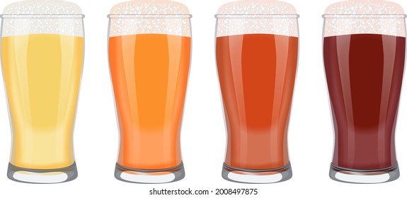 Set with craft beer in weizen glasses for banners, flyers, posters, cards. Light and dark beer, ale, and lager. International Beer Day. Beer day. Vector illustration isolated on white background