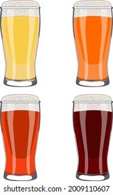 Set with craft beer in weizen glasses for banners, flyers, posters, cards. Light and dark beer, ale, and lager. International Beer Day. Cartoon style. Vector illustration isolated on white background