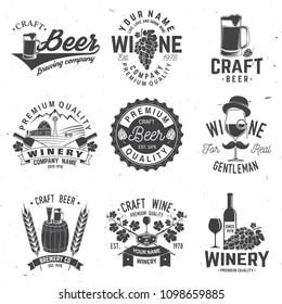 Set of Craft Beer and Winery company badge, sign or label. Vector illustration. Vintage design for winery company, bar, pub, shop, branding and restaurant business. Coaster for beer, wine glasses