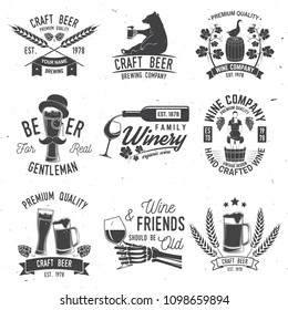 Set of Craft Beer and Winery company badge, sign or label. Vector illustration. Vintage design for winery company, bar, pub, shop, branding and restaurant business. Coaster for beer, wine glasses