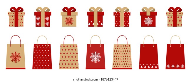 Set of craft Christmas gift boxes and packages. Gifts for the new year and christmas. Isolated set of gifts and packages on a white background. Flat vector illustration.