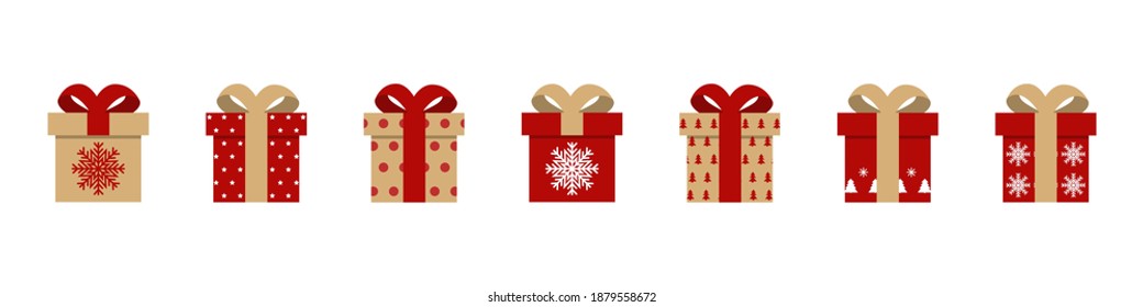 Set of craft Christmas gift boxes. Gifts for the new year and christmas. Isolated set of gifts on a white background. Flat vector illustration.