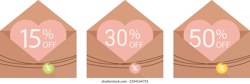 Eine Reihe von handwerklichen Umschlägen mit Coupons. Rabattangebote, Coupon-Veranstaltung, Rabatt, Angebote. Schöne Umschläge, Rabatte 15 Prozent, 30 Prozent, 50 Prozent. Gutschein