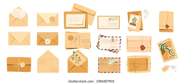 Set of craft envelopes, letters, post cards. Kraft envelopes with post stamp, post mark, paper letter, tags and greeting card. Gift wrapping and mail sending concept. Vector illustration 