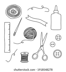 Set of craft icons. Linear illustration composition of buttons, scissors, glue, thread, tape, needles, line, piece of wood.