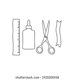 Set of craft icons. Linear illustration composition of scissors, glue, tape, line.