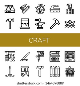 Set of craft icons such as Beer factory, Hammer, Glue, Handicrafts, Embroidery, Anvil, Brush, Watchmaker, Paper ship, Sewing, Ice cream cart, Tattoo machine, Painting palette , craft