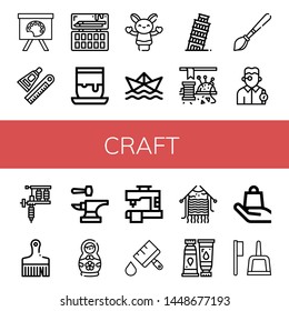 Set Of Craft Icons Such As Painting Palette, Glue, Handicrafts, Hand Puppet, Paper Ship, Leaning Tower Of Pisa, Sewing, Paint Brush, Watchmaker, Tattoo Machine, Brush , Craft