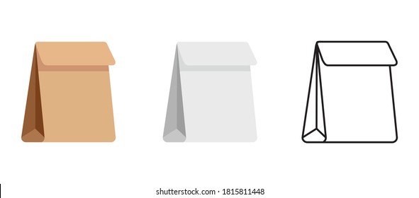 A set of craft packages. White and brown bags of various shapes in a simple flat style. Vector illustration isolated on a white background for design and web.