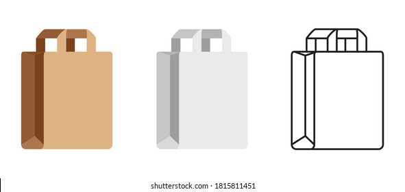 A set of craft packages. White and brown bags of various shapes in a simple flat style. Vector illustration isolated on a white background for design and web.