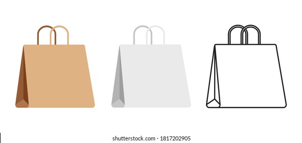 A set of craft packages. White and brown bags of various shapes in a simple flat style. Vector illustration isolated on a white background for design and web.