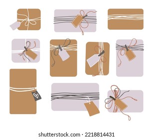 Set of craft packaging gifts. Zero waste concept. Present boxes with craft wrapping paper and twine ribbon. Eco decor in natural colors. Hand drawn vector illustration. 