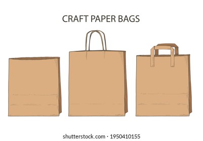 Set of craft paper bags. Giving lunch brown craft shopping package mock up. Safe delivery courier service order. Pay online by internet, sale concept. Takeaway food meal. Vector sketch illustration.