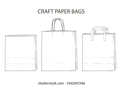 Set of craft paper bags. Giving lunch brown craft shopping package mock up. Safe delivery courier service order. Pay online by internet, sale concept. Takeaway food meal. Vector sketch illustration.