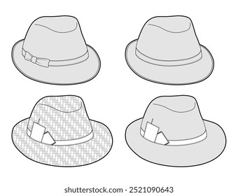 Set of Crafted Straw Fedora Hat with band, bow. Head Fashion accessory cap clothing technical illustration. Vector headgear for Men, women, unisex, flat template CAD mockup sketch outline isolated