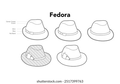 Set of Crafted Straw Fedoras Hat with band. Head Fashion accessory cap clothing technical illustration. Vector headgear for Men, women, unisex style, flat template CAD mockup sketch outline isolated