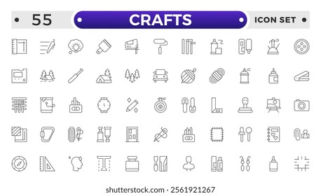 Set of Crafts outline icons related to carpentry. Pencil, pen, brush, bucket paint, palette knife, roller, palette, marker and more. Linear icon collection. 
