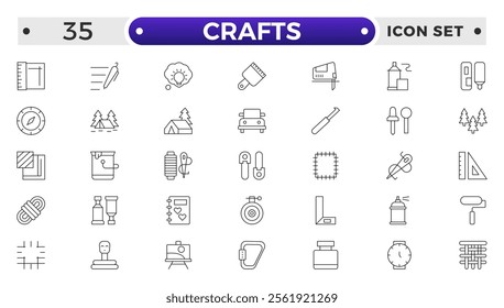 Set of Crafts outline icons related to carpentry. Pencil, pen, brush, bucket paint, palette knife, roller, palette, marker and more. Linear icon collection. 
