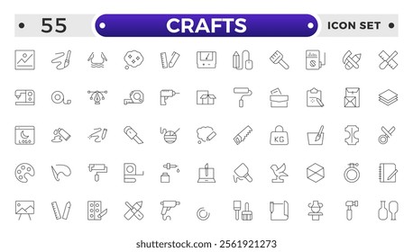 Set of Crafts outline icons related to carpentry. Pencil, pen, brush, bucket paint, palette knife, roller, palette, marker and more. Linear icon collection. 
