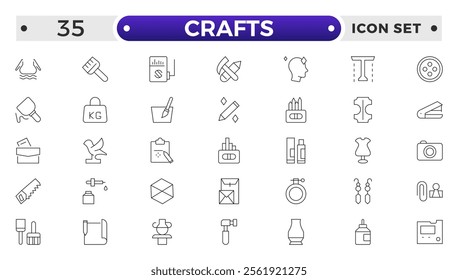 Set of Crafts outline icons related to carpentry. Pencil, pen, brush, bucket paint, palette knife, roller, palette, marker and more. Linear icon collection. 
