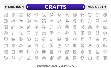 Set of Crafts outline icons related to carpentry. Pencil, pen, brush, bucket paint, palette knife, roller, palette, marker and more. Linear icon collection. 
