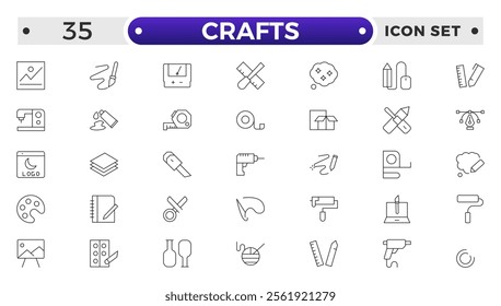 Set of Crafts outline icons related to carpentry. Pencil, pen, brush, bucket paint, palette knife, roller, palette, marker and more. Linear icon collection. 
