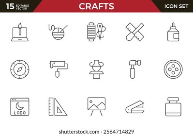 Set of Crafts outline icons related to carpentry. Pencil, pen, brush, bucket paint, palette knife, roller, palette, marker and more. Linear icon collection.